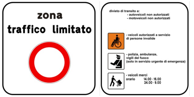 Знак, обозначающий зону ZTL (ограниченный въезд) в Италии