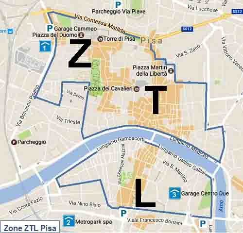 Зона ZTL на карте Пизы